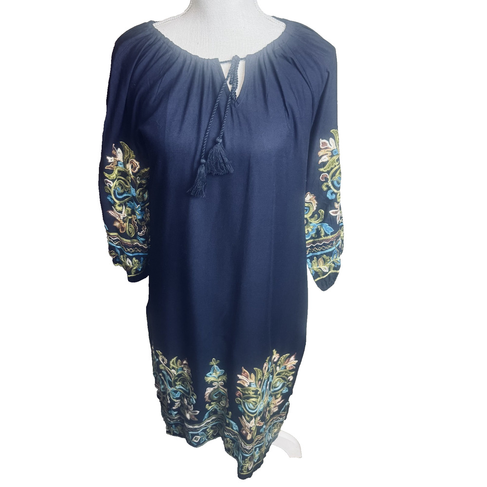 Sante Classics Black embroidered dress House Coat Kaftan coverup Mumu sz M